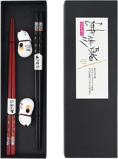 Sushi eetstokjes set met katten en panda's, houten chopsticks voor Chinese, Japanse en Koreaanse gerechten, vaatwasserbestendig met keramische pad