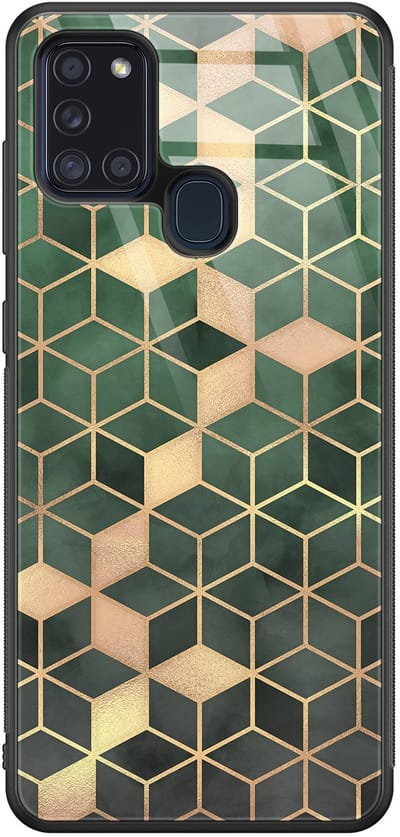 Hoesje geschikt voor Samsung Galaxy A21s - Groen kubus - Luxe Glazen Hardcase - Print / Illustratie - Groen