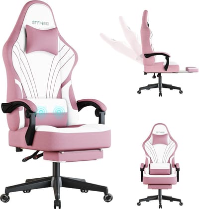 Gaming stoel, ergonomische gamingstoel met voetensteunen, pc-stoel met hoofdsteun en lendenkussen, 360 graden draaibaar, in hoogte verstelbare stof, gamingstoel, roze
