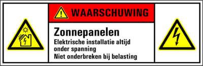Zonnepanelen elektrische installatie altijd onder spanning sticker 300 x 100 mm