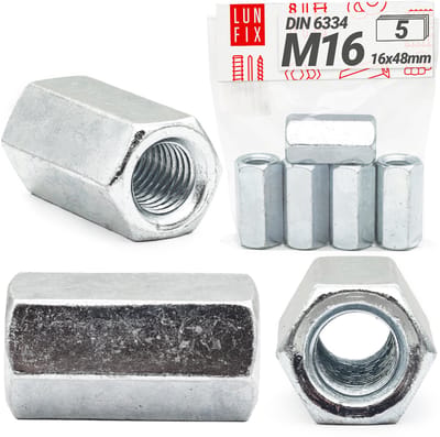 LUN FIX - Draadmoer M16 x 48mm - 5 stuks - DIN 6334 - Verzinkt staal - Afstandsmoer