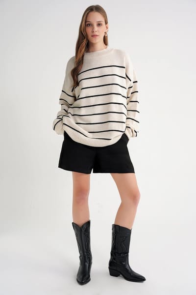 Gestreepte Crew Neck Relaxed Gebreide Pullover Trui