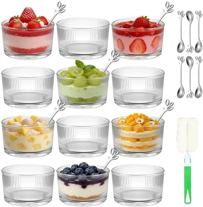 Dailygoods- Dessertglazen 200ml - 12 Stuks - Vaatwasmachinebestendig - Robuust Glas - Vintage Ontwerp - Geschikt voor IJs en Pudding - Dessertkommen