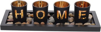 Kandelaar Set - Theelichthouder Ornament - Interieur Decoratie - Mozaïek Glas Design - 33.5 cm Lengte - Zwart