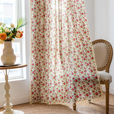 1 Stuks Boho Katoen Linnen Bloemen Korte Gordijn Kwastjes Afwerking Stangzak Cafe Gordijn Keuken Klein Raam Semi Verduisterend Erkerboog Boerderij Decoratie H60cm*W150cm beige