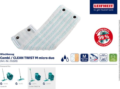 Leifheit Clean Twist M / Combi Clean M vloerwisser vervangingsdoek met drukknoppen – Micro Duo – 33 cm 2s