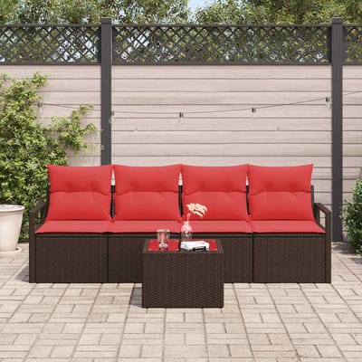vidaXL - Bankstel - 5 - st - 4-Aantal - zitplaatsen - Bruin - en - Rood - poly - rattan