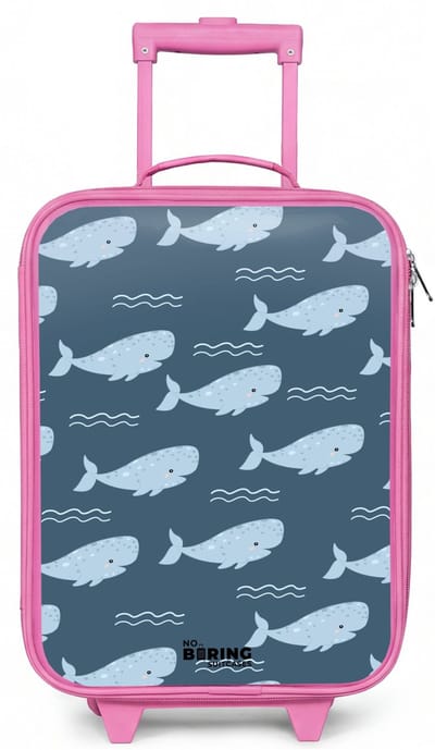 NoBoringSuitcases.com® - Kinderkoffer roze - Kindertrolley meisje - Walvis met golven patroon blauw - Koffer kind lichtgewicht - Reiskoffer trolley voor kinderen - Koffertje met lichtgevende wieltjes - Rolkoffer