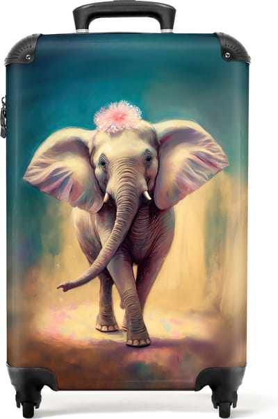 NoBoringSuitcases.com® Kinderkoffer - Olifant - Verf - Bloemen - Kind - Meisjes - Reiskoffer kinderen - Past binnen 55x40x20 cm en 55x35x25 cm - Trolley op wieltjes - Handbagagekoffer - Koffer meisje