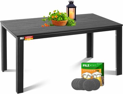 Weerbestendige Tuintafel, 156 x 78 cm, voor 6 Personen, Eettafel met Stalen Frame en Kunststof Houtlook, Inclusief 6 Vilten Onderzetters