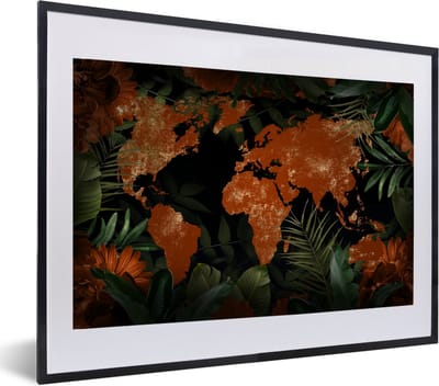 Poster in lijst - Fotolijst 60x40 cm - Posters - Wereldkaart - Goud - Planten - Posterlijst zwart - Decoratie - Wanddecoratie woonkamer - Muurdecoratie slaapkamer
