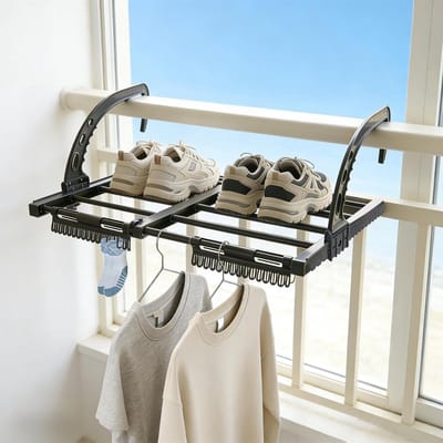 Vouwbare en Uittrekbare Balkonwasrek tot 38-55 cm, Ideaal voor Kleine Balkons, Radiator en Badkuip, Inclusief Sokclip