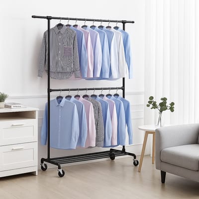 MAZAZU Kledingrek op Wieltjes – Zwart/Metalen Garderoberek – 2 Stangen Kleerhangerrek – Verstelbaar Kledingstandaard – 130x49x198 cm - MIRA Home
