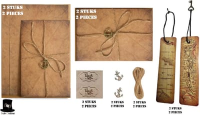Bob Online ™ - Setje - Vintage Kraft Enveloppen (x2) en Papier (x4) Setje + Jutekoord (x2) + Boekenleggers (x2) + ‘Thank You’ Stickers (x2) + Hangers (x2) – Vintage Kraft Envelope & Paper set + Jute Cord + Bookmarkers + ‘Thank You’ Stickers + Pendant