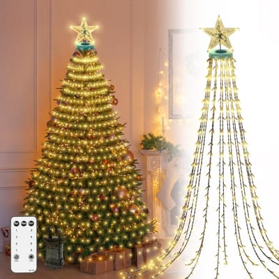 Kerstverlichting voor buiten met sterpunt, 2,5 m, 400 leds, kerstlichtketting voor buiten, kerstlichtketting met 8 modi, met afstandsbediening, waterdicht (warm wit)