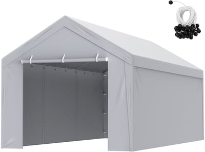 Carport-vervangende overkapping 10' x 20', slijtvaste, waterdichte, UV-bestendige garagetentzeil met zijwand, eenvoudige installatie met spanbanden, wit (frame niet inbegrepen)