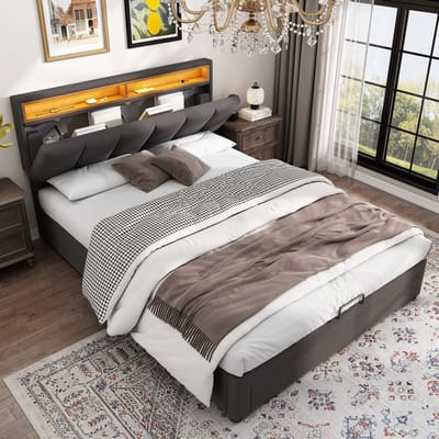 Sweiko Gestoffeerd bed - 140 x 200 cm - LED-verlichting - Met lades - Opbergruimte - Linnen - Grijs