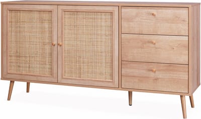sweeek - Dressoir met 2 deuren 3 lades houtdecor en rotan 150cm - bohème