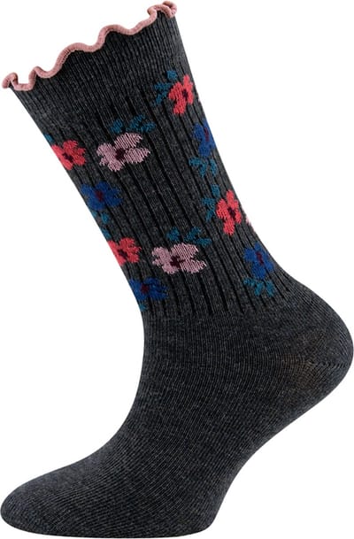 Ewers Kindersokken Meisjes - Bloemetjes en Fijne Rib - Roze Ruche Randje - Donkergrijs-23/26