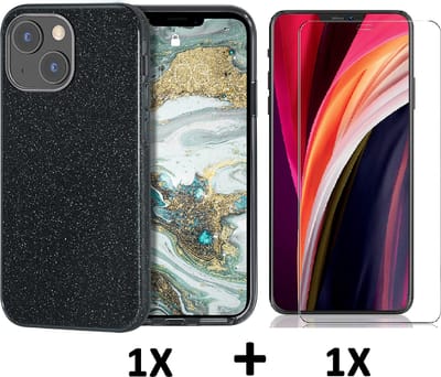 Casemania Hoesje Geschikt voor Apple iPhone 14 Plus - Zwart / Glazen Screenprotector - Glitter Back Cover