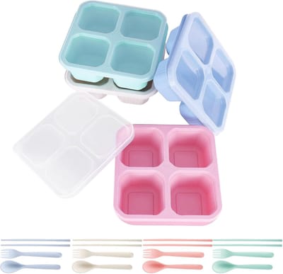 Famanu – Set van 4 magnetronbestendige snack- en lunchcontainers met 4 compartimenten, BPA-vrije bento lunchboxen met vork, lepel en eetstokjes voor kinderen en volwassenen (800 ml)