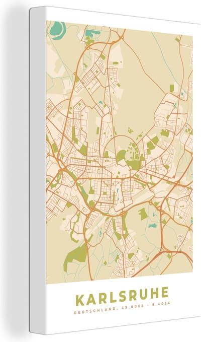 Canvas Schilderij Plattegrond - Karlsruhe - Vintage - Kaart - Stadskaart - 20x30 cm - Wanddecoratie