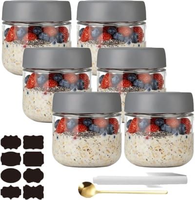 Dailygoods- Overnight Oats Potten 6 Stuks - Herbruikbare Weckpotten - Glazen Potjes met Deksel - Luchtdichte Afsluiting - Brede Opening - 300ML