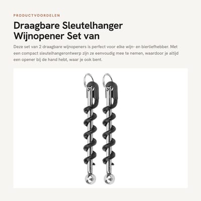 Dailygoods- Wijnopener Draagbaar - Kurkentrekker/Sleutelhanger - Flesopener - Roestvrij Staal - 2-Delige Set - Voor Wijn/Bier