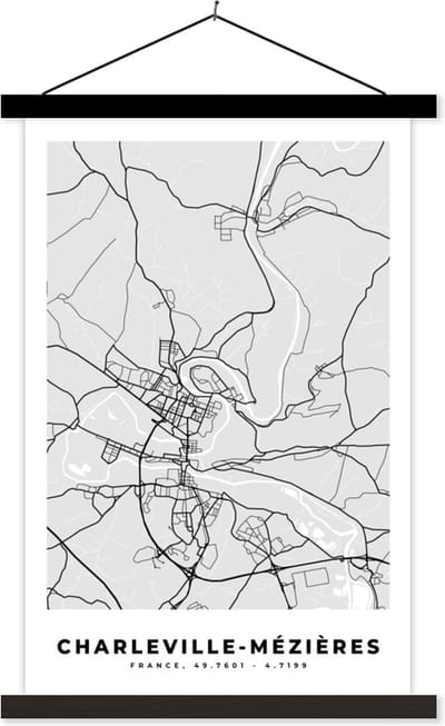 Posterhanger incl. Poster 40x60 cm - Schoolplaat - Stadskaart – Frankrijk – Kaart – Charleville-Mézières – Plattegrond - Textielposter - Zwarte latten - Stadskaart