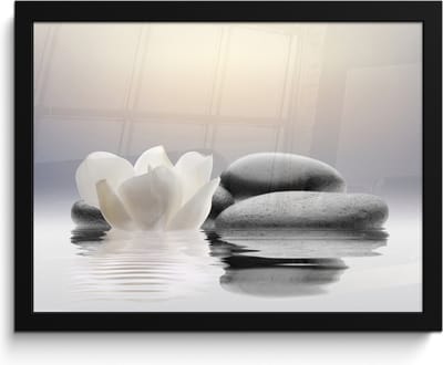 Poster in lijst - Fotolijst 40x30 cm - Posters - Stenen - Lotus - Wit - Water - Zen - Posterlijst zwart - Wanddecoratie badkamer - Muurdecoratie WC - Decoratieve accessoires - Toilet muur decoratie