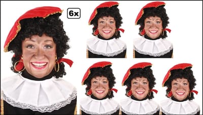 6x Luxe Pieten pruik zwart met staartjes - verstelbare kap en wasbaar - Sinterklaas feest thema feest Sint en Piet