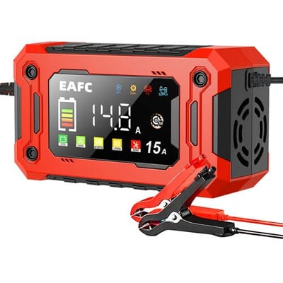 EAFC 12 V 15 A auto-acculader met groot scherm, pulserende reparatielader voor auto, motor, SUV, lithium-, AGM-, loodzuur- en gelaccu's