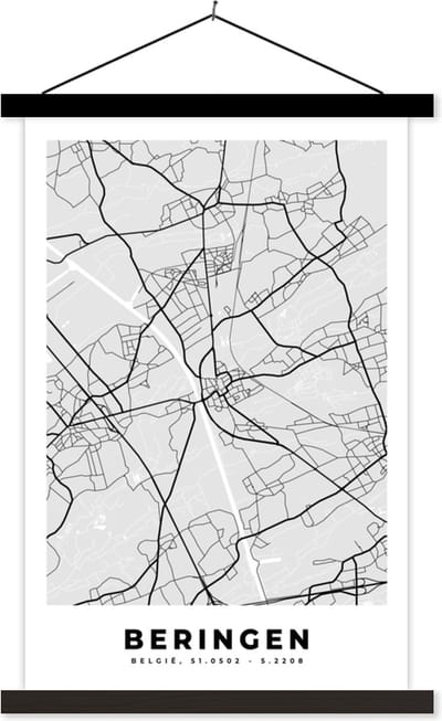 Posterhanger incl. Poster 40x60 cm - Schoolplaat - Zwart Wit – België – Plattegrond – Stadskaart – Kaart – Beringen - Textielposter - Zwarte latten - Stadskaart