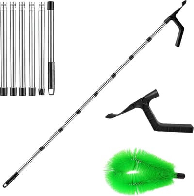 Telescopische Reinigingsborstel voor Dakgoten met Dubbele Borstel en Schep voor Bladeren, Mos en Spinrag (9 Uitschuifbare Stokken + Borstel + Schep)