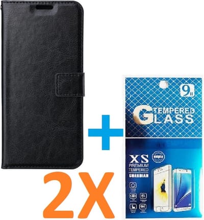 Portemonnee Book Case Hoesje + 2x Screenprotector Glas Geschikt voor: iPhone 15 - zwart