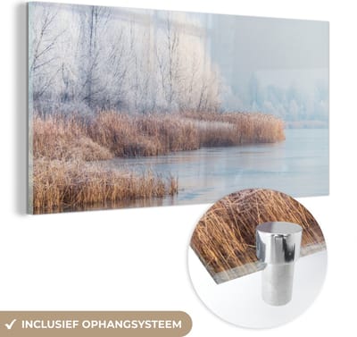 MuchoWow® Glasschilderij 120x60 cm - Schilderij acrylglas - Landschap - Winter - Sneeuw - IJs - Ochtend - Foto op glas - Schilderijen