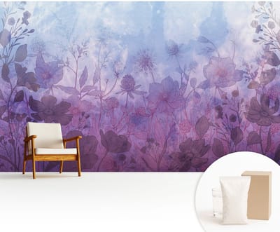 Wallfluent Behang - Pastelkleurige bloemen Muurbehang - 416x254 cm - Blauw Behang - Voor liefhebbers van kunst en natuur - Behang Voor de woonkamer, slaapkamer en kantoor - Wandbekleding Bloemen en planten
