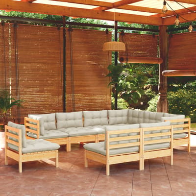 vidaXL - 9-delige - Loungeset - met - crèmekleurige - kussens - massief - grenenhout