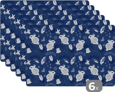 Placemat - Placemats kunststof - Konijnen - Scandinavië - Patronen - 45x30 cm - 6 stuks - Hittebestendig - Anti-Slip - Onderlegger - Afneembaar