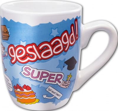 Mok - Snoep - Geslaagd! - Te gek ! - Cartoon - In cadeauverpakking met gekleurd krullint