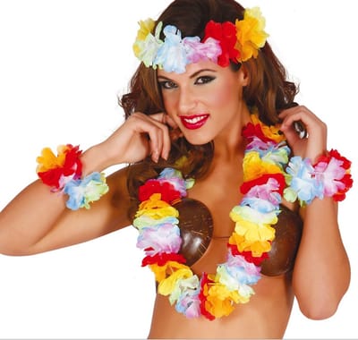 Guirca Hawaii krans/slinger set - Tropische/zomerse kleuren mix - Hoofd/polsen/hals slingers - Party verkleed accessoires