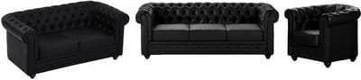 Vente-unique Driezitsbank, tweezitsbank en fauteuil in zwart kunstleer - CHESTERFIELD