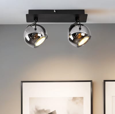 Moderne plafondlamp met smoke glas en 2 spots, zwart - Jari