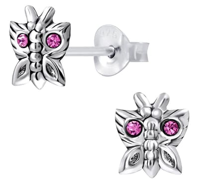 Joy|S - Zilveren vlinder oorbellen - geoxideerd - roze kristal - 7 x 8 mm