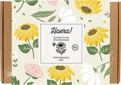 Blossombs Giftbox Small - 7 Zaadbommetjes - Hoera! - Zonnebloem Mix - Bloemen Cadeau