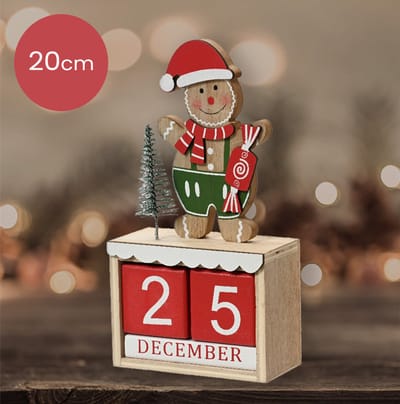 Houten Kerst adventskalender met gingerbread mannetje en rode blokken - 20 cm