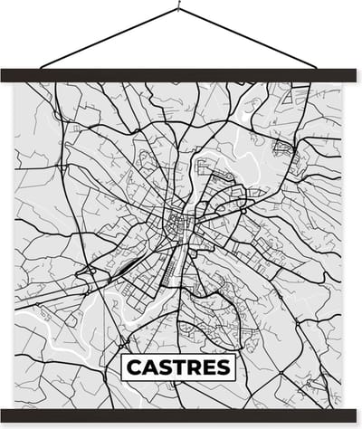 Posterhanger incl. Poster 60x60 cm - Schoolplaat - Plattegrond - Kaart - Stadskaart - Frankrijk - Castres - Textielposter - Zwarte latten - Stadskaart
