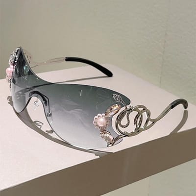 avec Strass Femme Élégant Monobloc Décor Extérieur Lunettes de Soleil Tendance Design Dégradé KAMMPT Sans Monture Lunettes de Soleil Y2k as picture shows