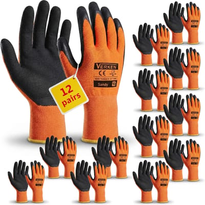 Oranje werkhandschoenen, wintergeïsoleerd, latex gecoat, 12 paar set, warme thermische voering, polyester basis, ruwe gripcoating, geschikt voor koud weer, bouw, tuin, magazijn, logistiek, mechanica,