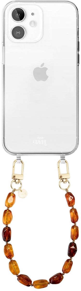 xoxo Wildhearts telefoonhoesje geschikt voor iPhone 11 - Honey Flame (kort koord) - siliconen hoesje met koord - Backcover met telefoonkoord - Telefoonhanger stenen ketting - Bruin / Oranje